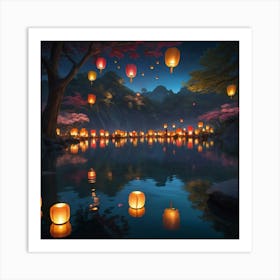 Lanterns In The Water Paintings Art Print Art Print