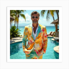 Dapper Man In Watercolor Suit, Luxurious Tropical Resort 1 Art Print