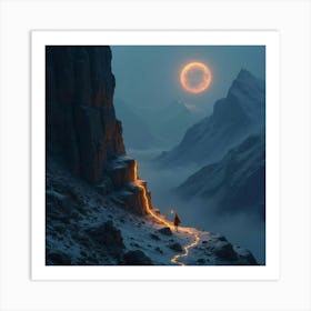 A Glowing Rune Carved Into The Side Of A Mountain Cliff 1 Art Print