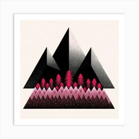 Title: "Nocturnal Geometry: Pines in the Shadows"  Description: "Nocturnal Geometry: Pines in the Shadows" showcases a striking contrast of black geometric mountains against a field of vibrant pink pines. The artwork's sharp angles and the smooth gradient of dots create an abstract representation of nightfall in a stylized forest. The visual play of textures and patterns draws the eye, while the bold monochromatic peaks stand sentinel over the vivid undergrowth. Set upon a warm, light background, the piece conjures a sense of mystery and the silent drama of the wilderness after dusk. This piece is a modern tribute to the beauty of the night, captured in a minimalist yet impactful style. Art Print