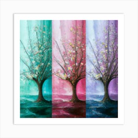 Three different paintings each containing cherry trees in winter, spring and fall 10 Art Print