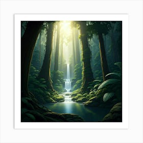 Rainforest with towering trees and waterfall Art Print