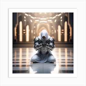 A 3d Dslr Photography Muslim Wearing Futuristic Digital Armor Suit , Praying Towards Makkah Masjid Al Haram Award Winning Photography From The Year 8045 Qled Quality Designed By Apple Art Print