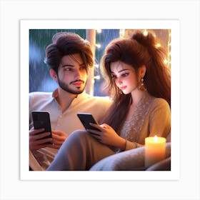 Couple Looking At Their Phones Art Print