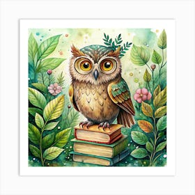 Watercolor Owl Sitting On A Stack Of Books Art Print