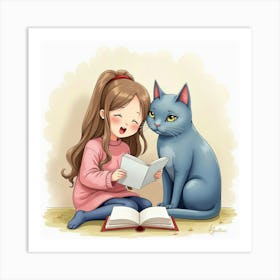 Watercolor Russian Blue Cat And A Young Woman Reading Together Art Print