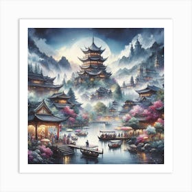 Chinese Village At Night Art Print