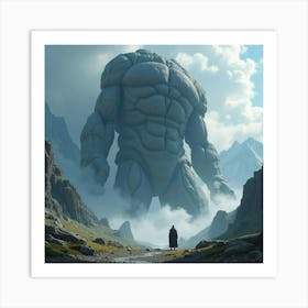 Giant Stone Titan Breaking Through A Mountain Range 1 Art Print