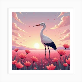 Crane In Pink Cosmos Field 1 Art Print