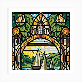 Image of medieval stained glass windows of a sunset at sea 11 Art Print