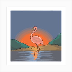 Pink Flamingo Bird Water Nature Sky Sunset Art Print