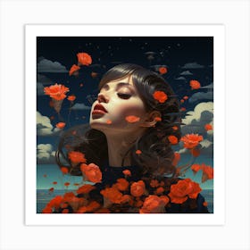 Girl With Red Roses Art Print