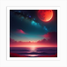 Red Moon Over The Ocean 2 Art Print