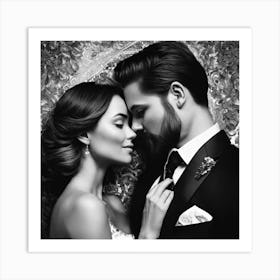 Black And White Portrait Of Bride And Groom Art Print