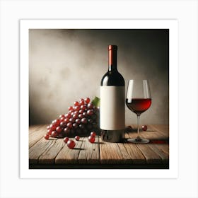 Wine Bottle, glass of red wine And Grapes On Wooden Background 3 Art Print
