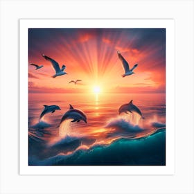 Sunset with Dolphins 1 Art Print