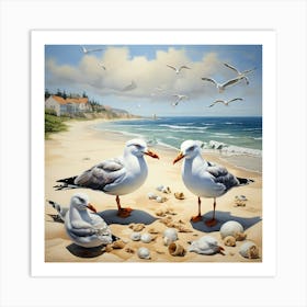 Seagulls On The Shore Square Art Print 3 Art Print