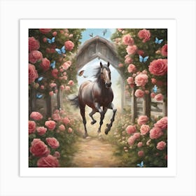 Horse In The Rose Garden Art Print