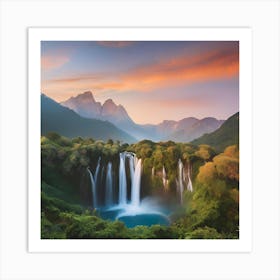 Waterfall At Sunset Art Print