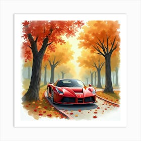 A Ferrari In A Watercolor Autumn Park With Falling Leaves 1 1 Art Print