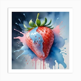 A Single, Large Strawberry With Pink And Blue Sauce Dripping Down The Sides, Set Against A Background Of Colorful Watercolor Splashes Art Print