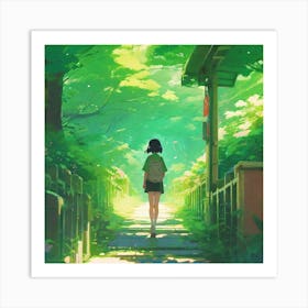 Girl Walking Through The Forest Art Print