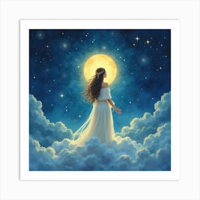 Serene Goddess In A Starry Sky, Watercolor 1 Art Print