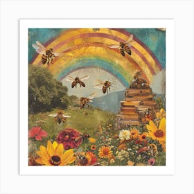 Kitsch Bee Rainbow Floral Collage Art Print