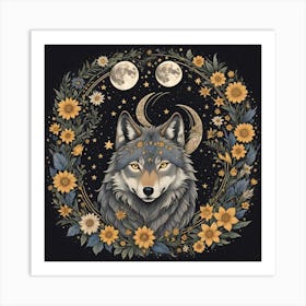 Wolf With Flowers Art Print