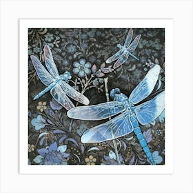 Three Dragonflies (Blue) Art Print