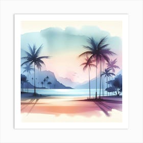 Watercolor Tropical Background With Palm Trees Art Print