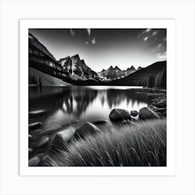 Black And White Mountain Lake Art Print