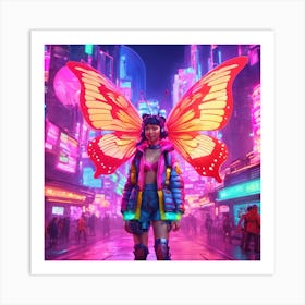 Neon Girl With Butterfly Wings Art Print