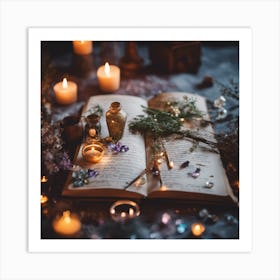 Open spellBook With Candles Art Print