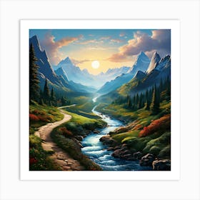 Path Through The Mountains, A Winding Path Through Various Landscapes Mountains Forests Rivers Indicating The Thrill Art Print