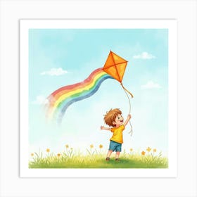 Cute Toddler Playing With A Watercolor Rainbow Kite In The Sky Art Print