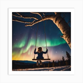 Girl admiring the Northern Lights Art Print