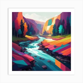 A modern digital painting of a river, with bold, geometric shapes and a vibrant color scheme, showcasing the beauty of technology and nature combined. 2 Art Print