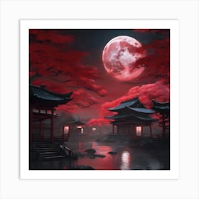 Full Moon Over Japanese Village Art Print