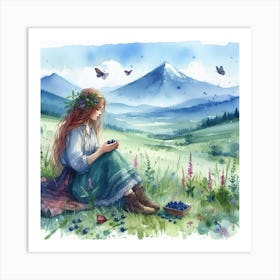 Watercolor Girl With Blueberries Art Print