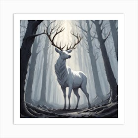 A White Stag In A Fog Forest In Minimalist Style Square Composition 74 Art Print