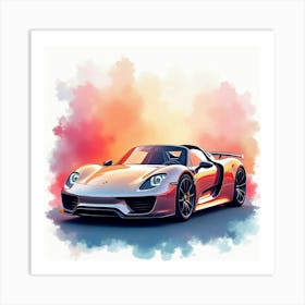 Porsche 918 Spyder With A Vivid Watercolor Backdrop, No Signature Or Logo 1 Art Print