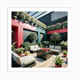 A modern, colorful rooftop terrace with lush greenery, and comfortable seating. Art Print