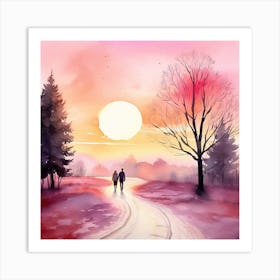 Watercolor Of A Couple Walking Art Print