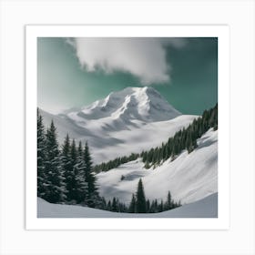 Snowy Mountain Small Trees And Green Spaces (1) Art Print