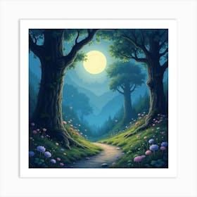 Hidden Fairy Enclave In A Moonlit Forest, Watercolor 1 Art Print