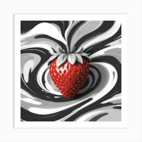 A Single, Red Strawberry With Green Leaves Is Centered On A Swirling Black And White Abstract Background Art Print