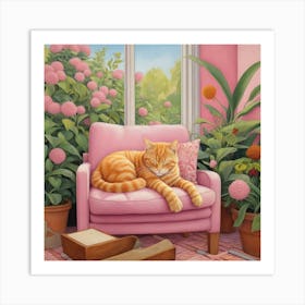 Default Napping Ginger Cat In Pink Garden Room Art 2 Art Print