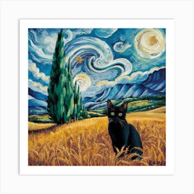 A Wheatfield With Cypresses Inspired With Black Cat Portrait Art Print