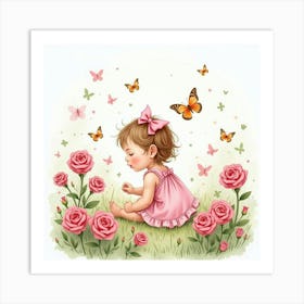 Watercolor Baby Girl Playing In A Garden Of Pink Roses And Butterflies Art Print